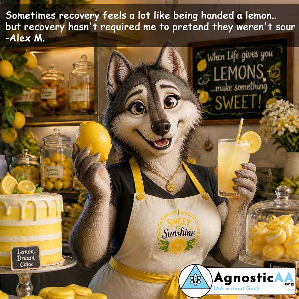 Image of a pretty female wolf in a back shop full of lemon treats say, "Sometimes recovery feels a lot like being handed a lemon.. but recovery hasn't required me to pretend they weren't sour -Alex M."